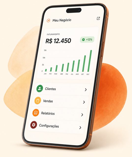 Celular com o app Meu Negócio: faturamento de R$ 12.450, gráfico subindo e menu de clientes, vendas, relatórios e configurações